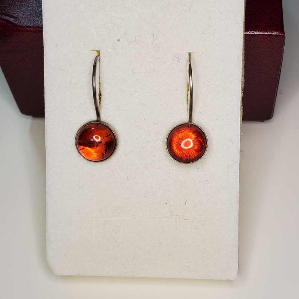 Amber and sterling silver round drop earrings